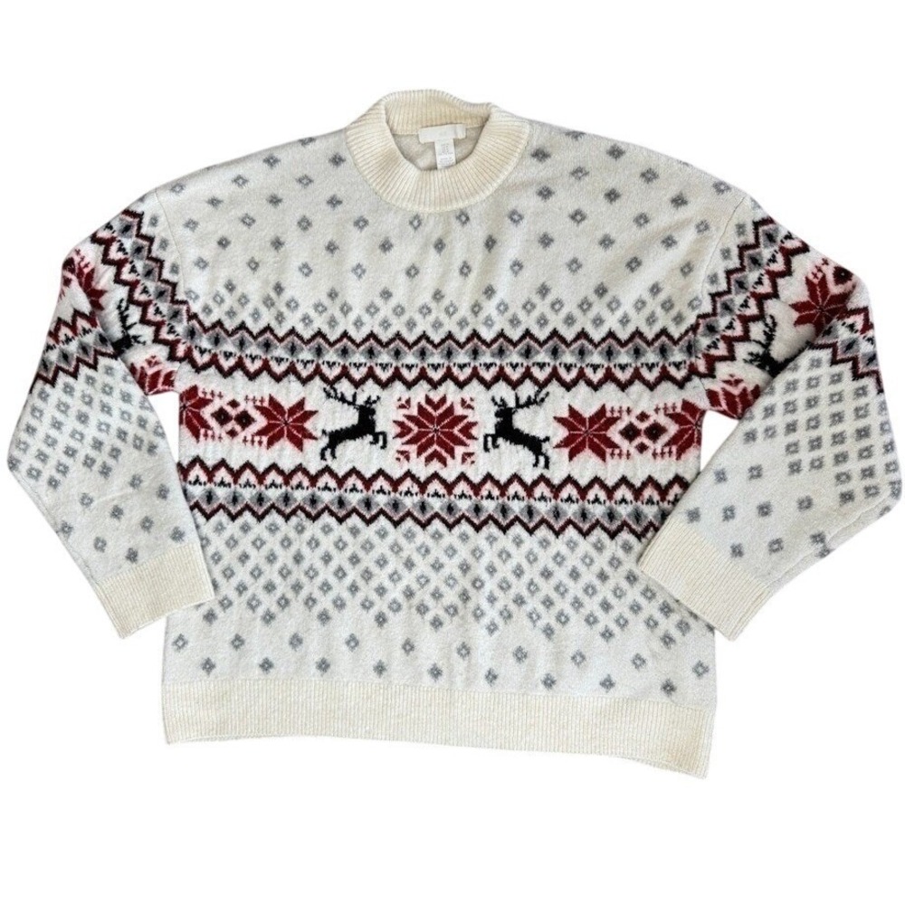 HM Mens Fair Isle Reindeer Holiday Sweater Cream Red Black Size M O/N 197365